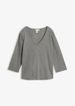 bonprix bonprix Camiseta de punto grueso de algodón orgánico puro con mangas 3/4 gris jaspeado moteado