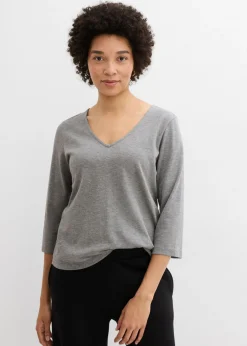 bonprix bonprix Camiseta de punto grueso de algodón orgánico puro con mangas 3/4 gris jaspeado moteado