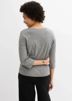 bonprix bonprix Camiseta de punto grueso de algodón orgánico puro con mangas 3/4 gris jaspeado moteado