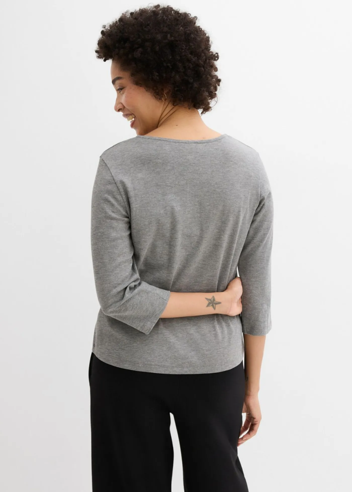 bonprix bonprix Camiseta de punto grueso de algodón orgánico puro con mangas 3/4 gris jaspeado moteado