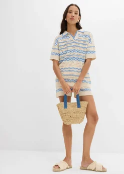 bonprix bonprix Camiseta de punto oversize en mezcla vaporosa de algodón y lino marfil/azul provenzal rayas horizontales Online