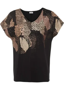 bonprix bonprix Camiseta de suave mezcla de viscosa Negro con estampado gráfico New