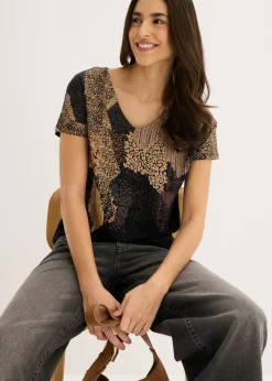 bonprix bonprix Camiseta de suave mezcla de viscosa Negro con estampado gráfico New