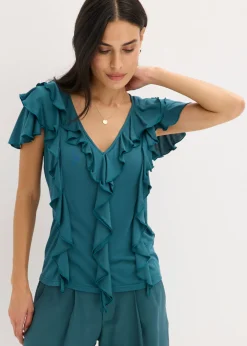 bonprix bonprix Camiseta de suave mezcla de modal con volantes verde pimiento Sale
