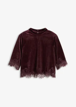 bonprix bonprix Camiseta de terciopelo con encaje rojo burdeos New