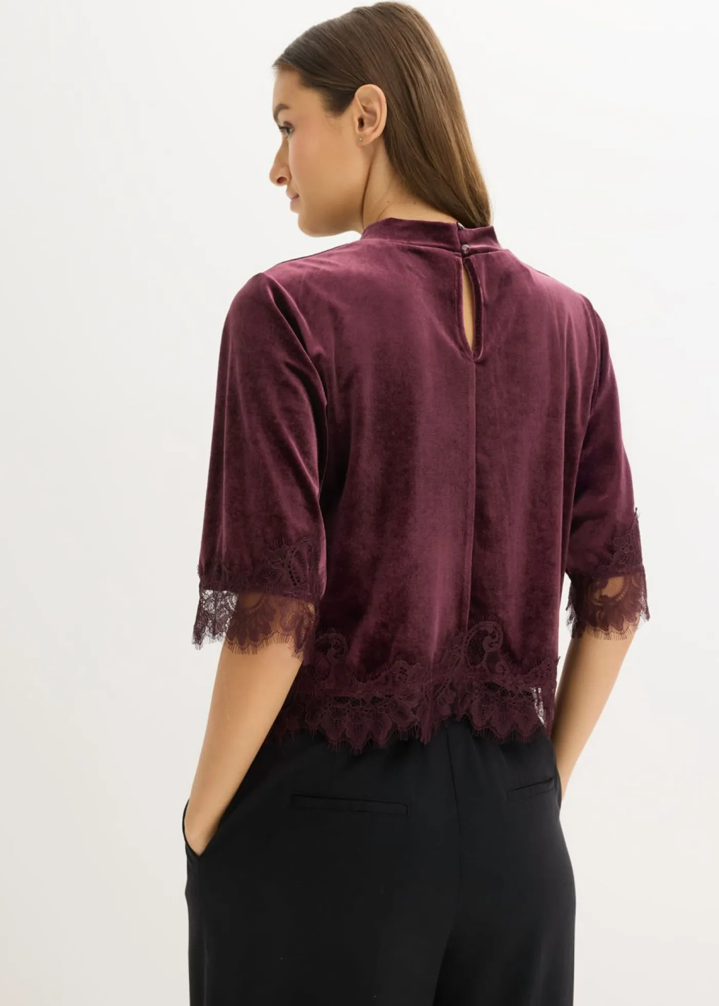 bonprix bonprix Camiseta de terciopelo con encaje rojo burdeos New