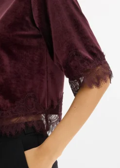 bonprix bonprix Camiseta de terciopelo con encaje rojo burdeos New