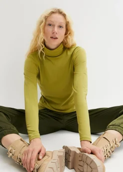 bonprix bonprix Camiseta elástica de cuello vuelto y manga larga Verde oliva-dorado Clearance