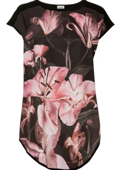 bonprix bonprix Camiseta estampada de mezcla de viscosa suave negro/rosa pálido con flores Hot