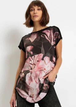bonprix bonprix Camiseta estampada de mezcla de viscosa suave negro/rosa pálido con flores Hot
