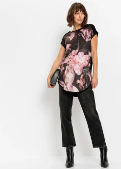 bonprix bonprix Camiseta estampada de mezcla de viscosa suave negro/rosa pálido con flores Hot