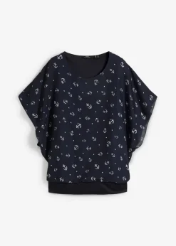 bonprix bonprix Camiseta georgette, de manda corta Azul marino-blanco estampado Sale