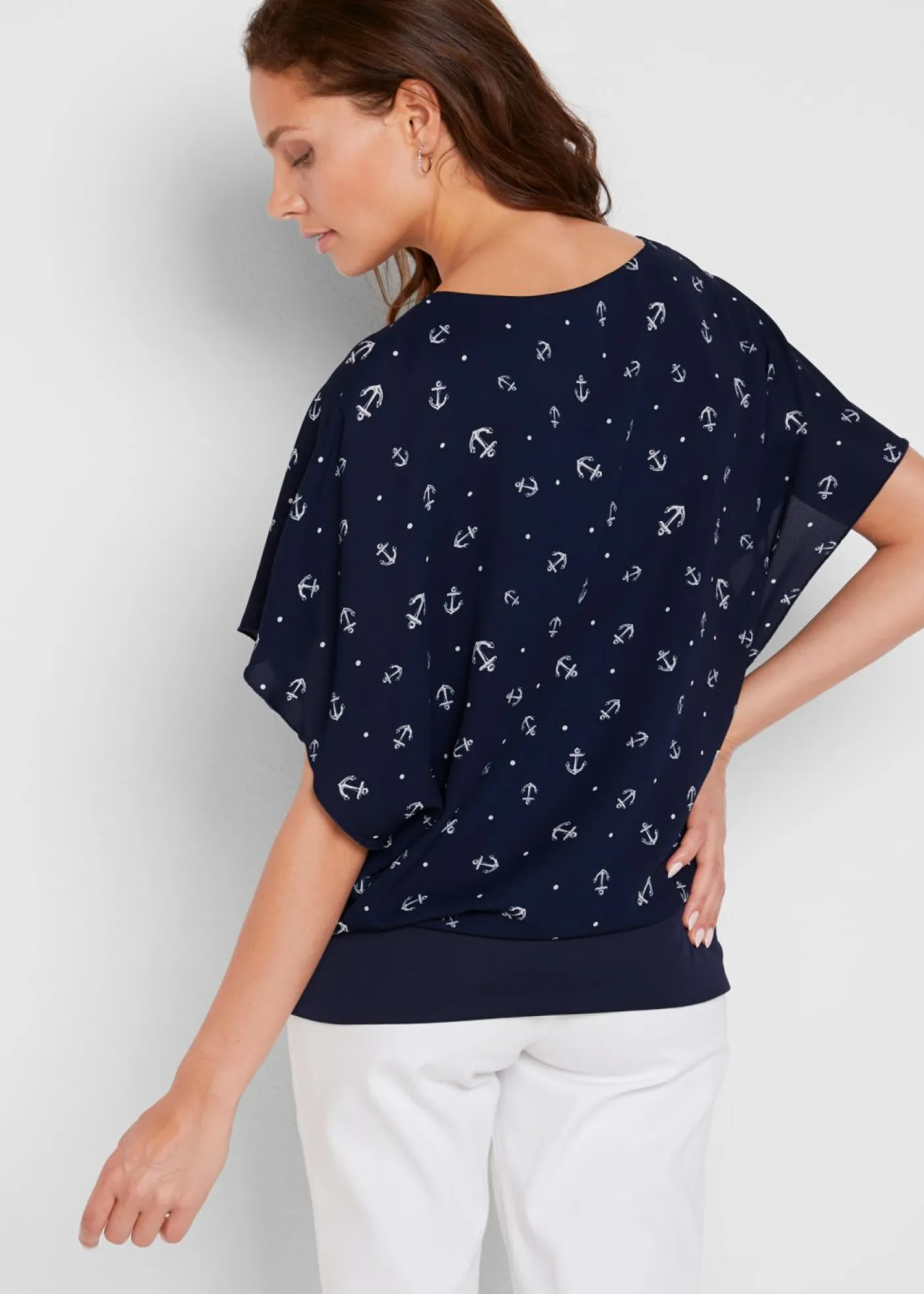 bonprix bonprix Camiseta georgette, de manda corta Azul marino-blanco estampado Sale