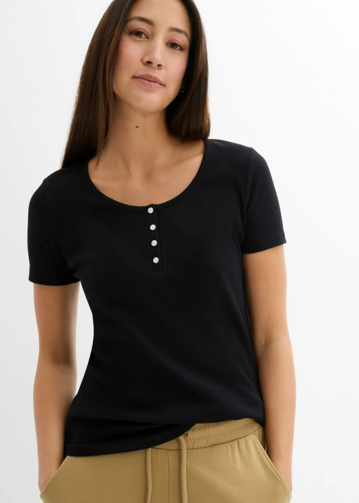 bonprix bonprix Camiseta henley con algodón orgánico puro Negro