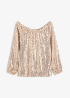 bonprix bonprix Camiseta holgada con escote bañera y lentejuelas Piedra/plata New