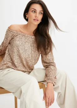 bonprix bonprix Camiseta holgada con escote bañera y lentejuelas Piedra/plata New