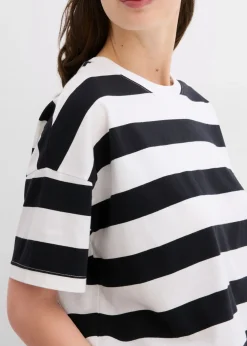 bonprix bonprix Camiseta holgada de algodón orgánico puro Negro-blanco con rayas Hot