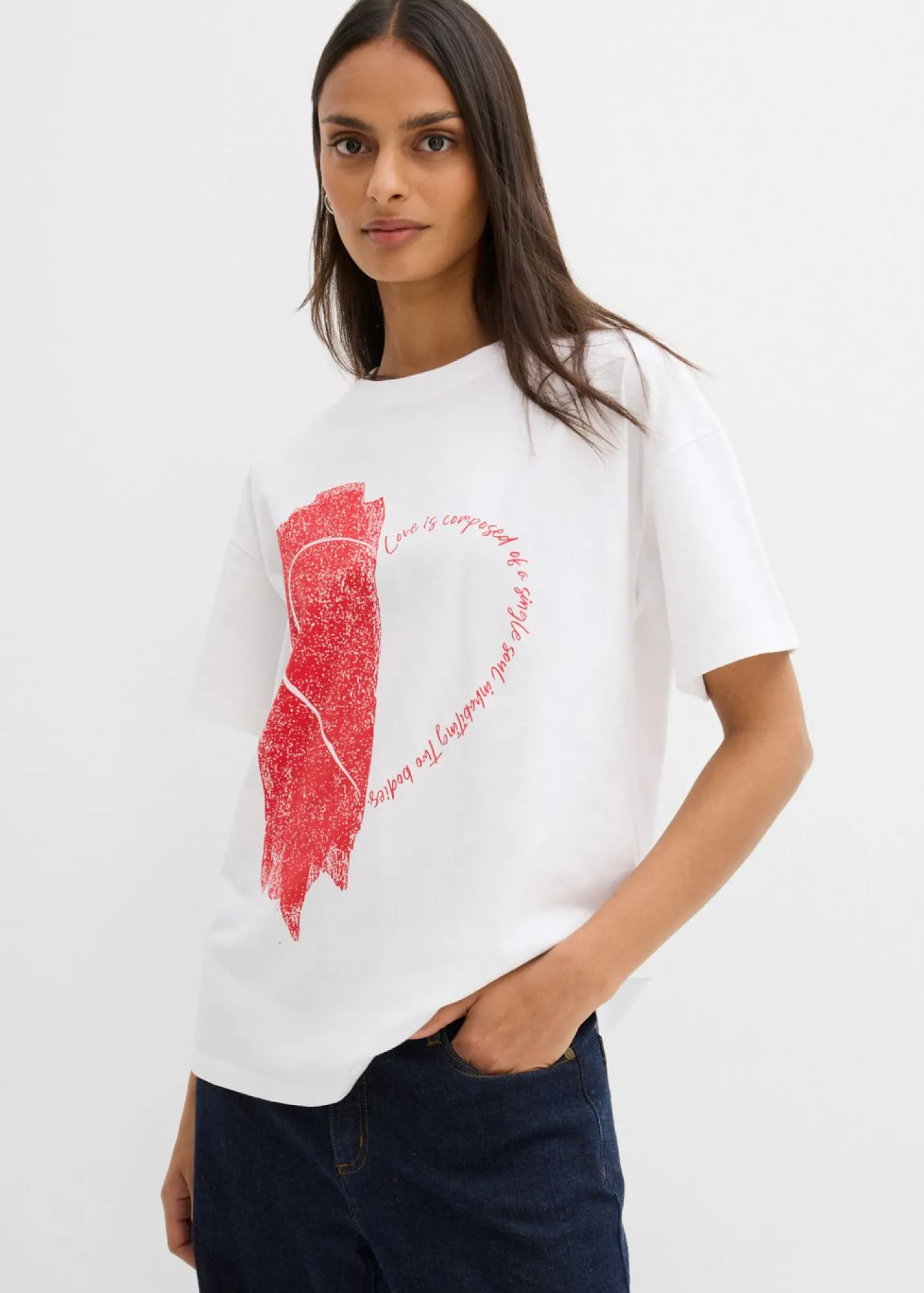 bonprix bonprix Camiseta holgada de mezcla de algodón orgánico elástico Blanco-fresa Clearance