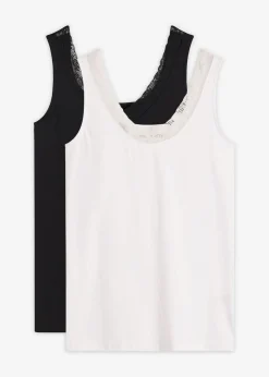 bonprix bonprix Camiseta interior de algodón orgánico y encaje (2 unidades) Negro-blanco