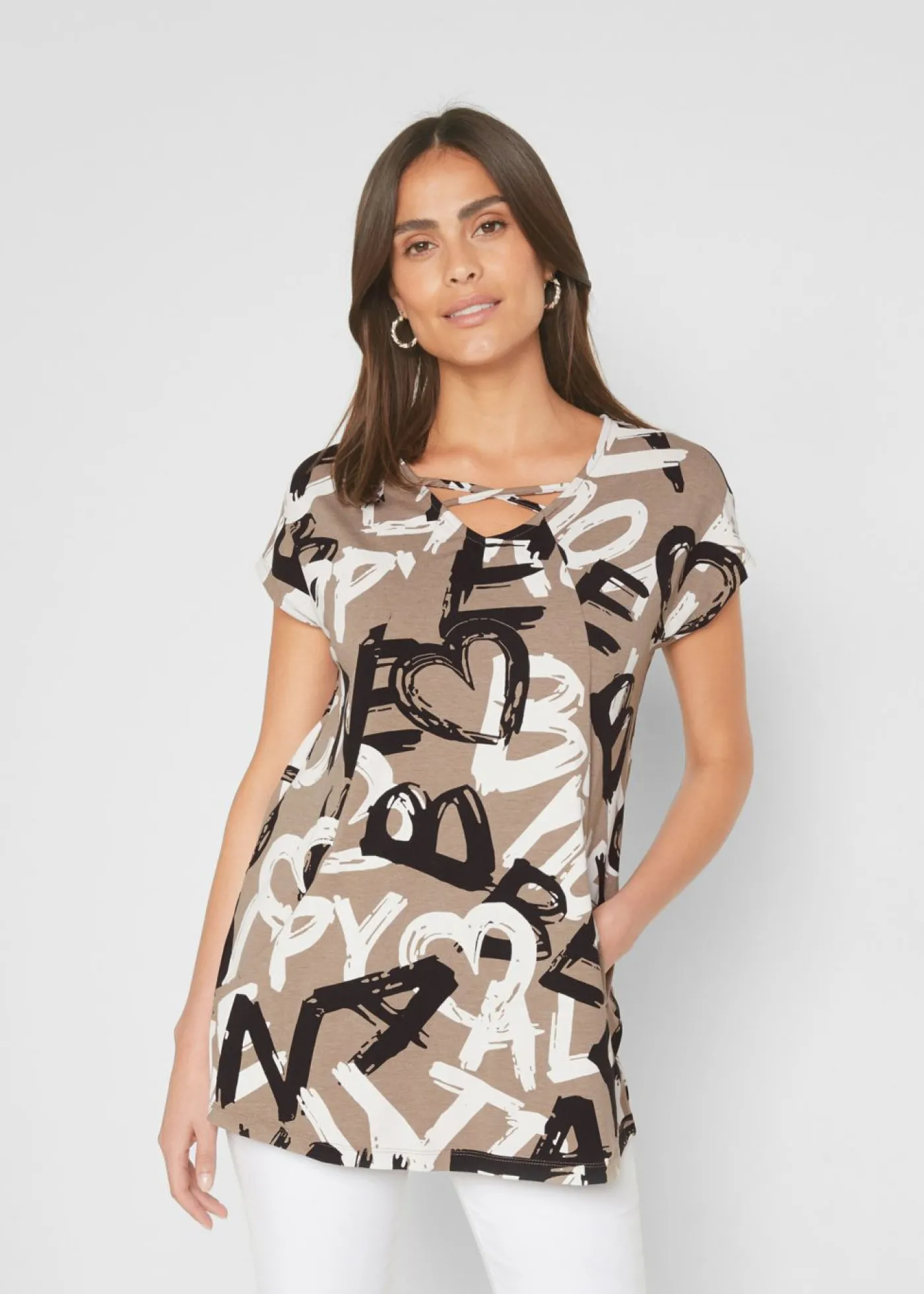 bonprix bonprix Camiseta larga Marrón grisáceo-negro-blanco estampado Sale