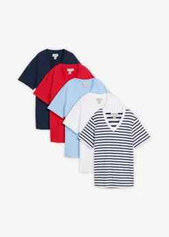 bonprix bonprix Camiseta larga ancha con cuello en V, manga corta (5 unidades) Blanco/azul marino de rayas + rojo lava + azul claro Outlet