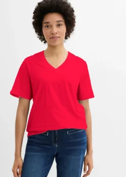 bonprix bonprix Camiseta larga ancha con cuello en V, manga corta (5 unidades) Blanco/azul marino de rayas + rojo lava + azul claro Outlet