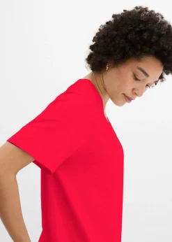 bonprix bonprix Camiseta larga ancha con cuello en V, manga corta (5 unidades) Blanco/azul marino de rayas + rojo lava + azul claro Outlet