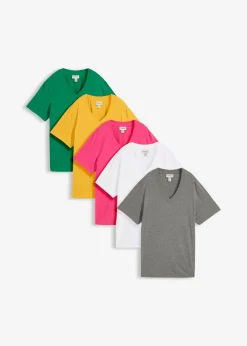 bonprix bonprix Camiseta larga ancha con cuello en V, manga corta (5 unidades) Verde gema/blanco/gris jaspeado/pink lady/amarillo azafrán Hot