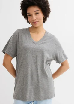 bonprix bonprix Camiseta larga ancha con cuello en V, manga corta (5 unidades) Verde gema/blanco/gris jaspeado/pink lady/amarillo azafrán Hot