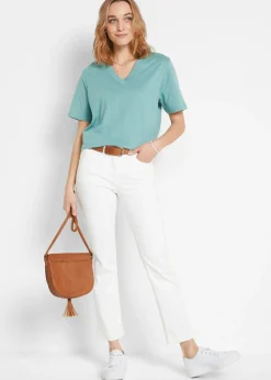 bonprix bonprix Camiseta larga ancha con cuello en V, manga corta (5 unidades) lavanda + salvia fumé+ rosa pálido + negro + blanco New