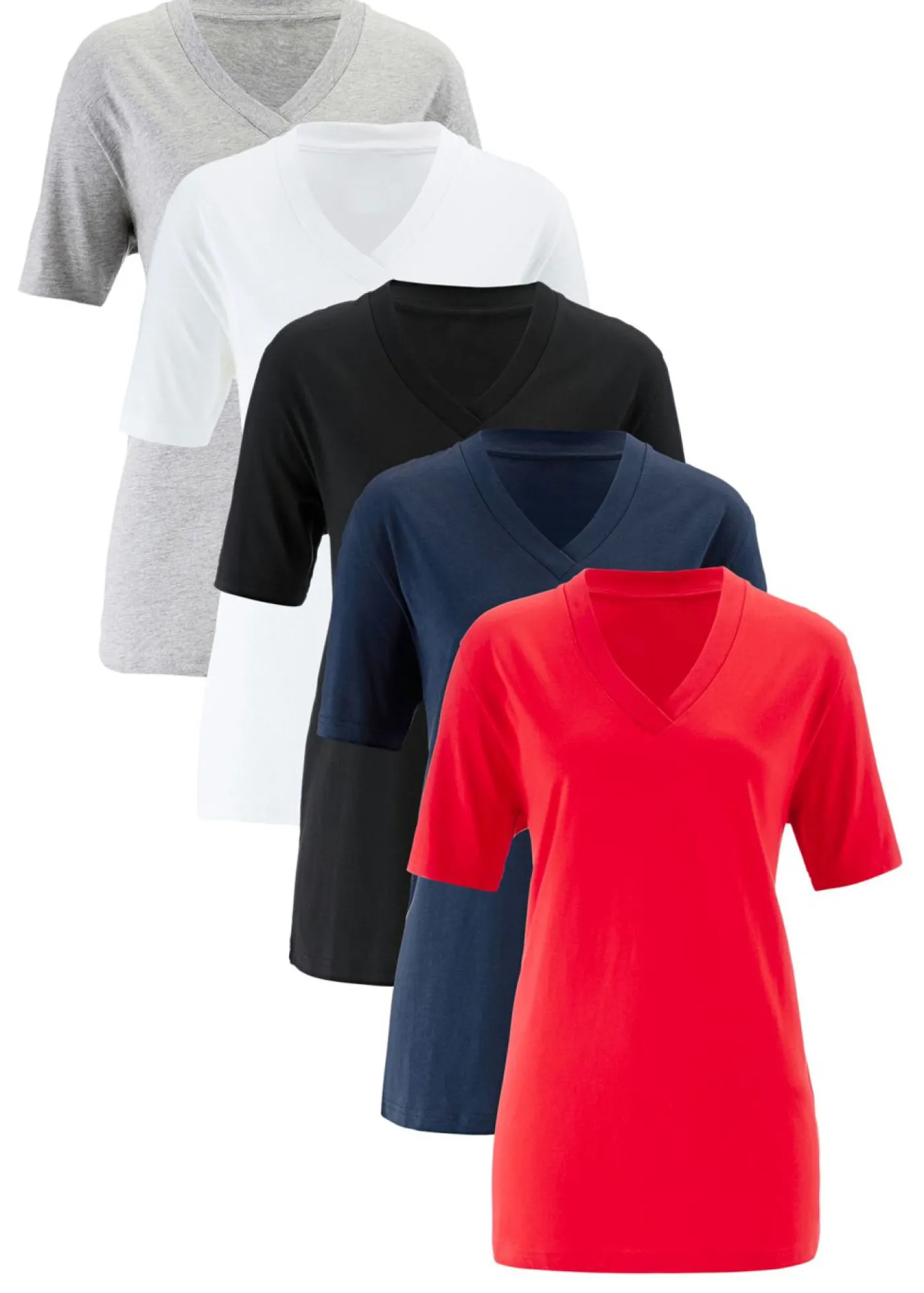 bonprix bonprix Camiseta larga ancha con cuello en V, manga corta (5 unidades) fresa+negro+blanco+gris claro jaspeado+azul marino Outlet