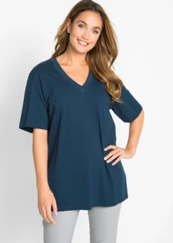 bonprix bonprix Camiseta larga ancha con cuello en V, manga corta (5 unidades) fresa+negro+blanco+gris claro jaspeado+azul marino Outlet