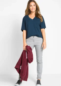bonprix bonprix Camiseta larga ancha con cuello en V, manga corta (5 unidades) fresa+negro+blanco+gris claro jaspeado+azul marino Outlet