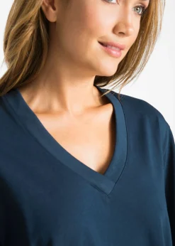 bonprix bonprix Camiseta larga ancha con cuello en V, manga corta (5 unidades) fresa+negro+blanco+gris claro jaspeado+azul marino Outlet