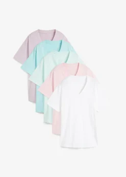 bonprix bonprix Camiseta larga ancha con cuello en V, manga corta (5 unidades) rosa pálido/menta verde/azul pálido./púrpura/blanco Best