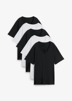 bonprix bonprix Camiseta larga ancha con cuello en V, manga corta (5 unidades) Negro-blanco Hot