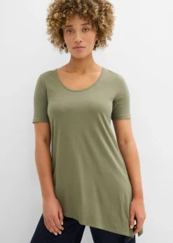 bonprix bonprix Camiseta larga asimétrica de mezcla de algodón y viscosa Verde oliva