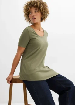 bonprix bonprix Camiseta larga asimétrica de mezcla de algodón y viscosa Verde oliva