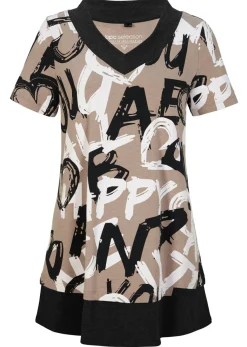 bonprix bonprix Camiseta larga con manga corta Marrón grisáceo-negro-blanco estampado Discount