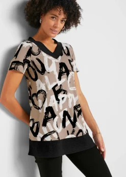 bonprix bonprix Camiseta larga con manga corta Marrón grisáceo-negro-blanco estampado Discount