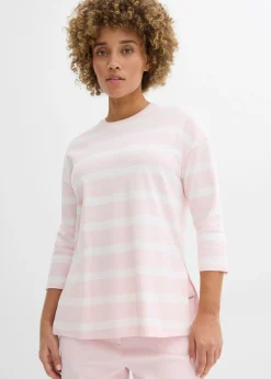 bonprix bonprix Camiseta larga de algodón orgánico pesado rosa claro-blanco lana rayas horizontales Sale