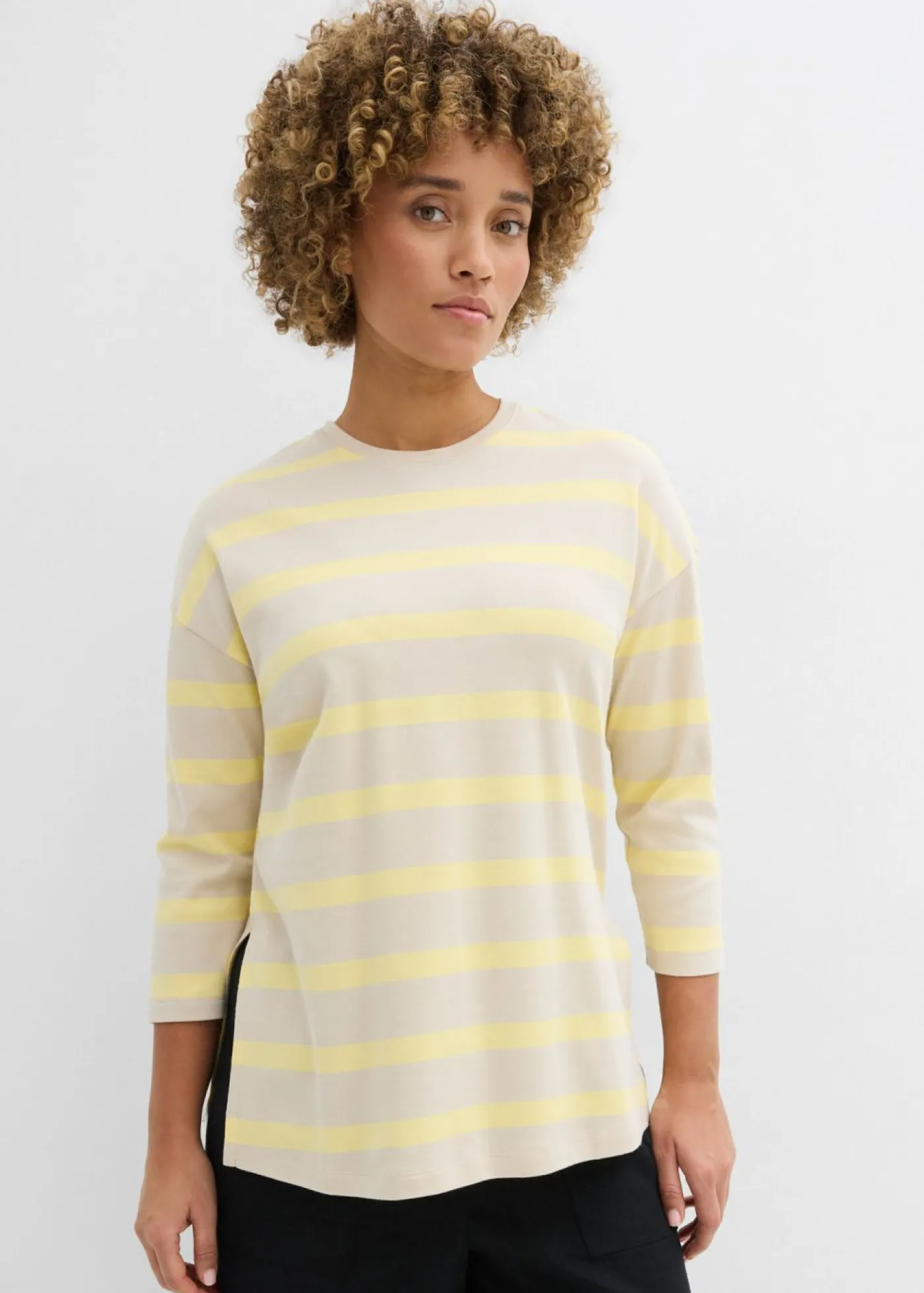 bonprix bonprix Camiseta larga de algodón orgánico pesado arena claro-amarillo claro rayas horizontales Clearance