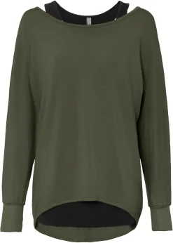 bonprix bonprix Camiseta larga de mezcla de viscosa Verde oliva oscuro-negro Sale