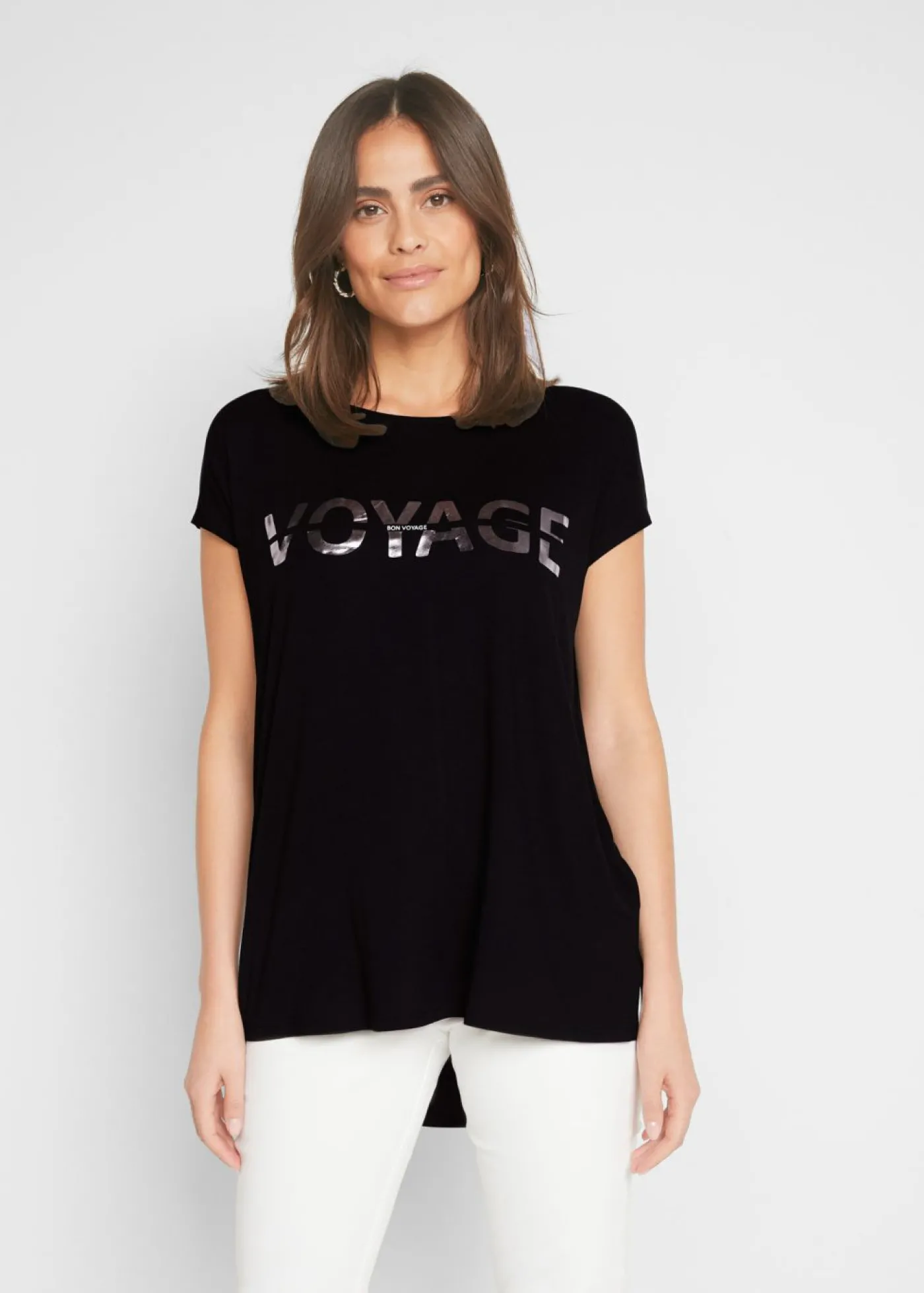 bonprix bonprix Camiseta larga de mezcla de viscosa Negro-plata estampado Best