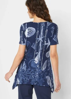 bonprix bonprix Camiseta larga de suave mezcla de viscosa Azul marino-blanco