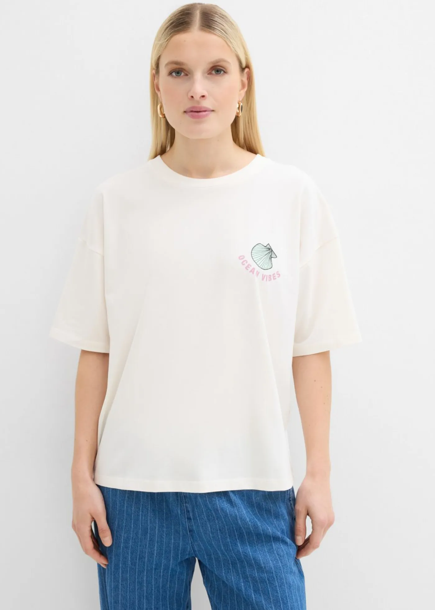 bonprix bonprix Camiseta oversize blanco lana-azul claro Outlet