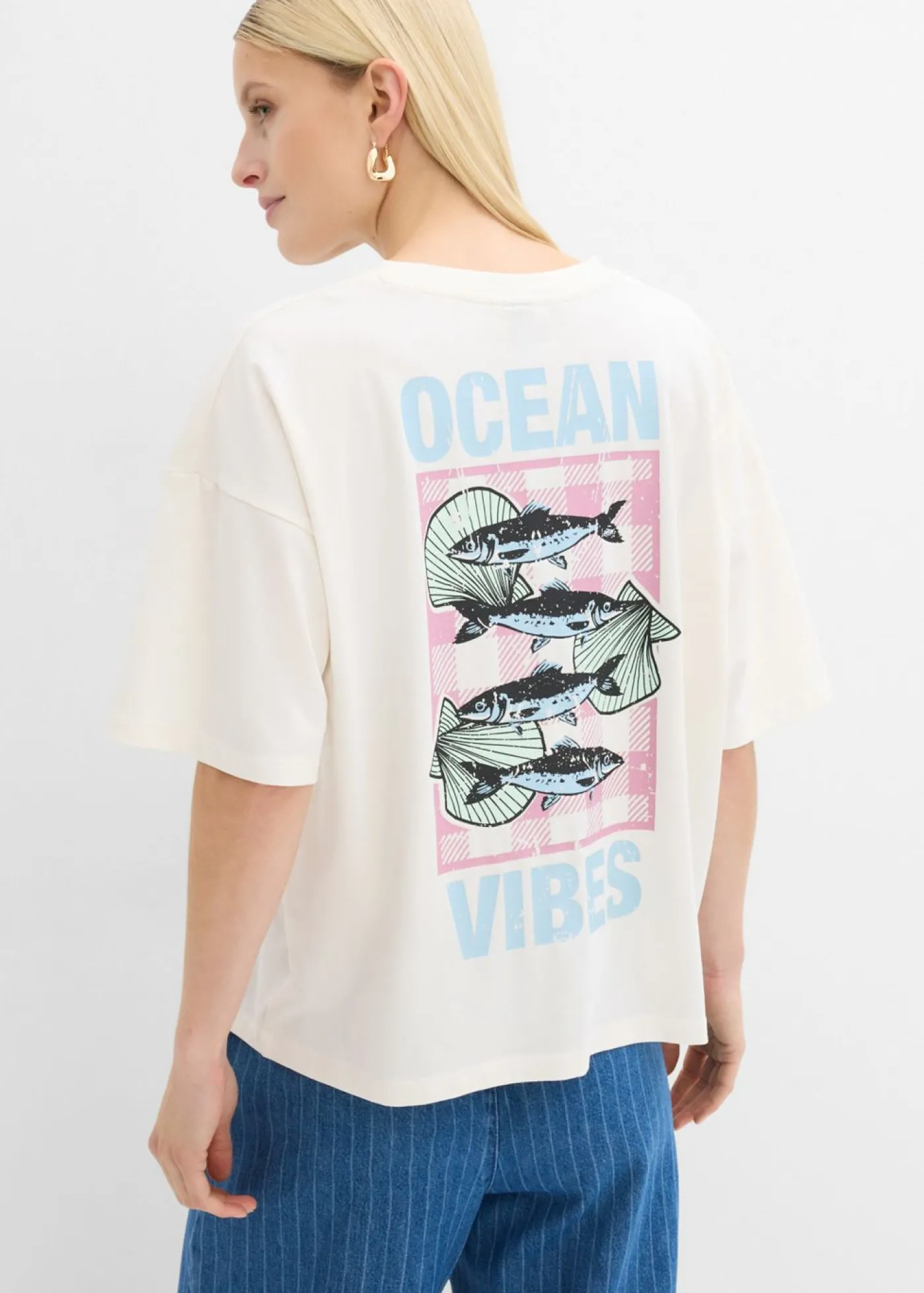 bonprix bonprix Camiseta oversize blanco lana-azul claro Outlet