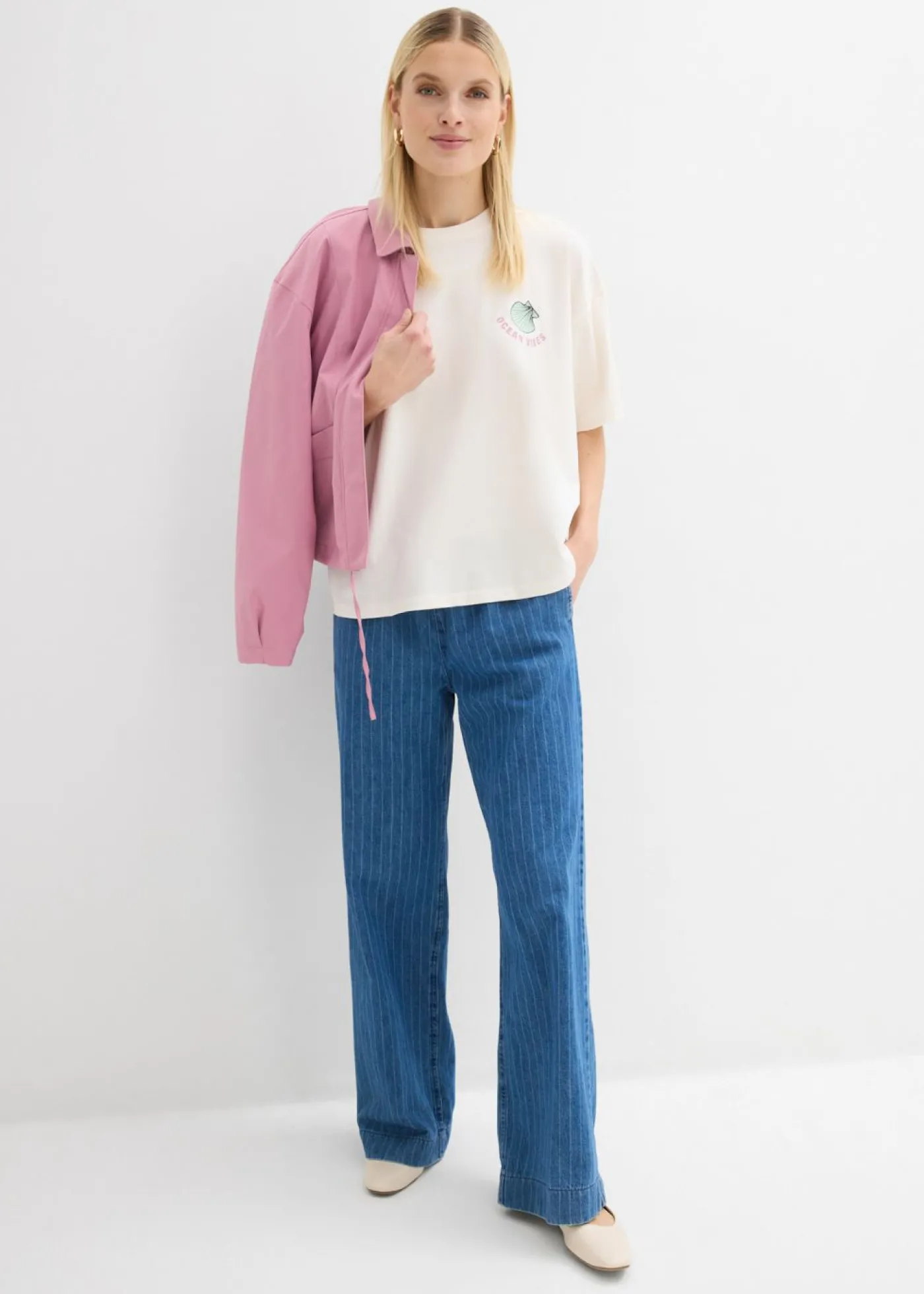 bonprix bonprix Camiseta oversize blanco lana-azul claro Outlet
