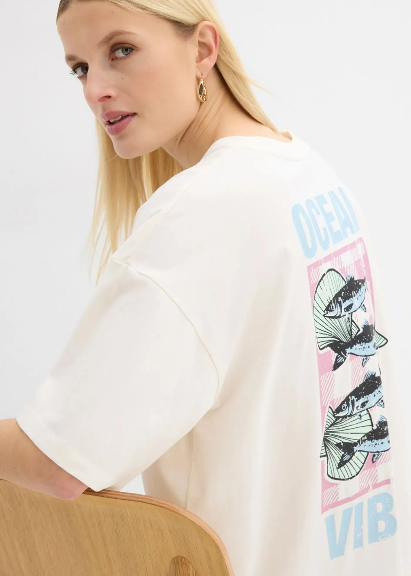 bonprix bonprix Camiseta oversize blanco lana-azul claro Outlet