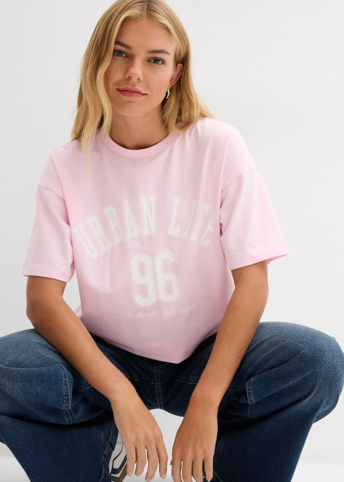 bonprix bonprix Camiseta oversize rosa cristal-blanco